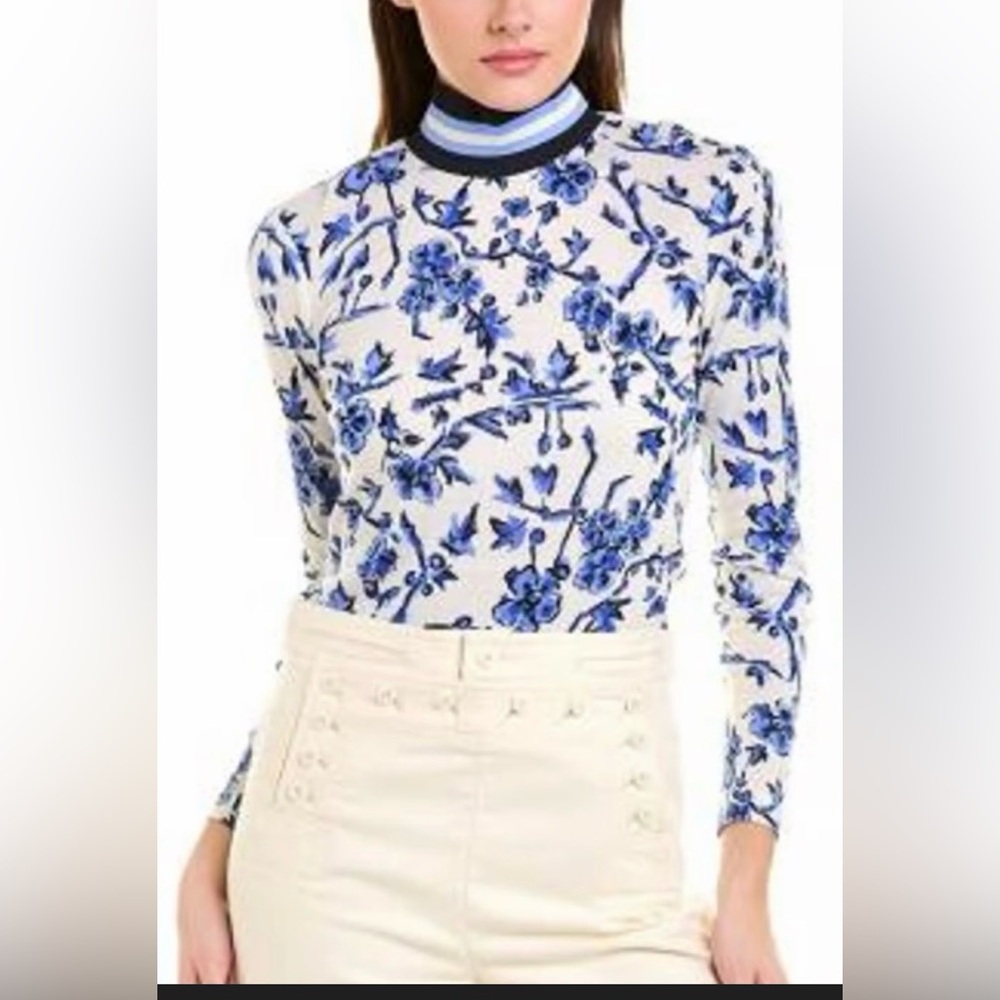 Tory Burch Blue Floral Long Sleeve Top